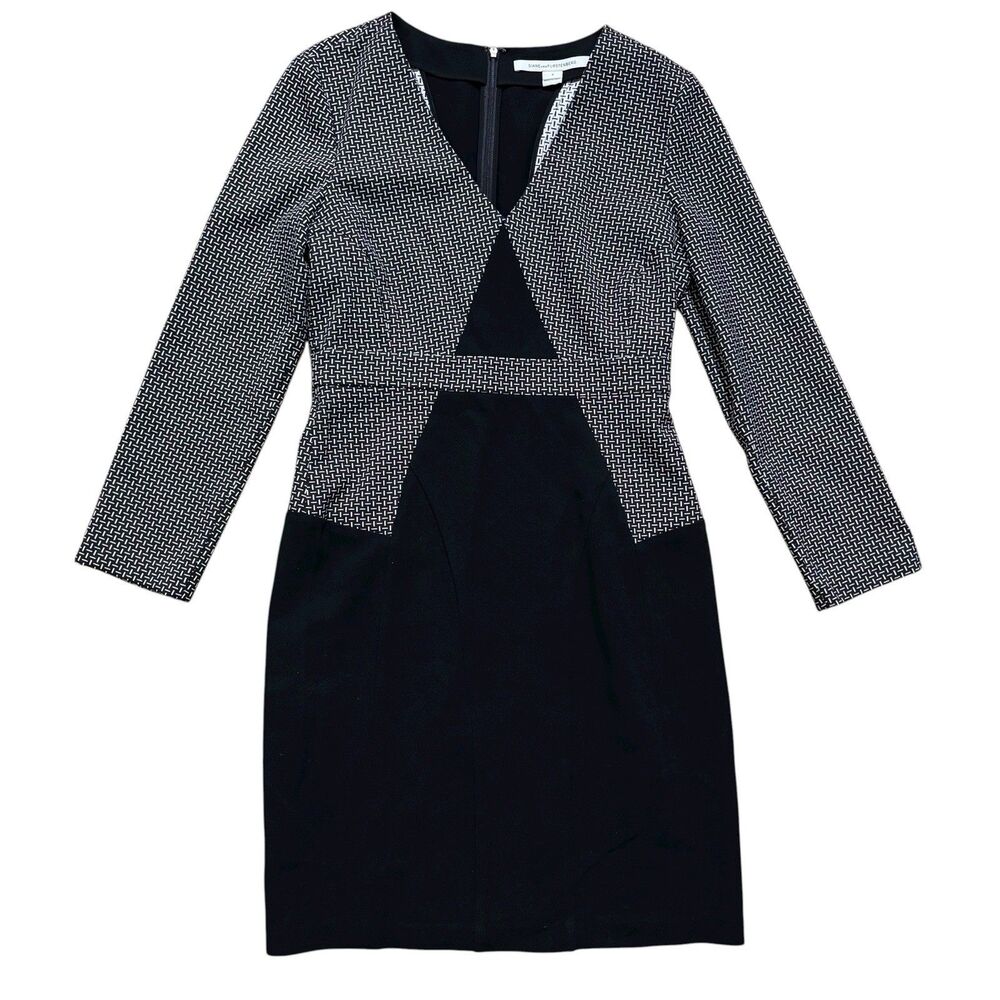 Diane Von Furstenberg Natasha Dress Sz 8 Black Long Sleeve Sheath V Neck